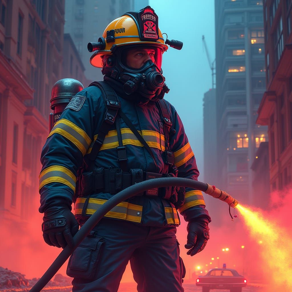 Cyberpunk Firefighter in Neon Cityscape