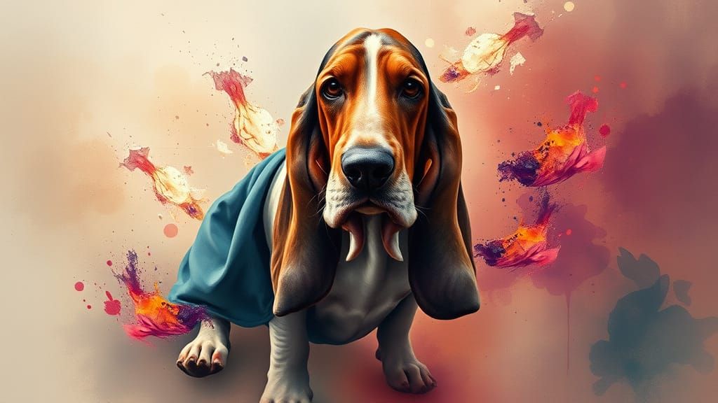 Ethereal Basset Hound in Dalí-Inspired Watercolor Dreamscape