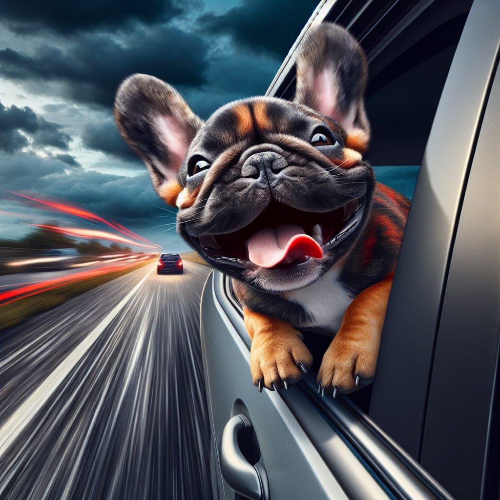 Humorous French Bulldog Rides in a Car