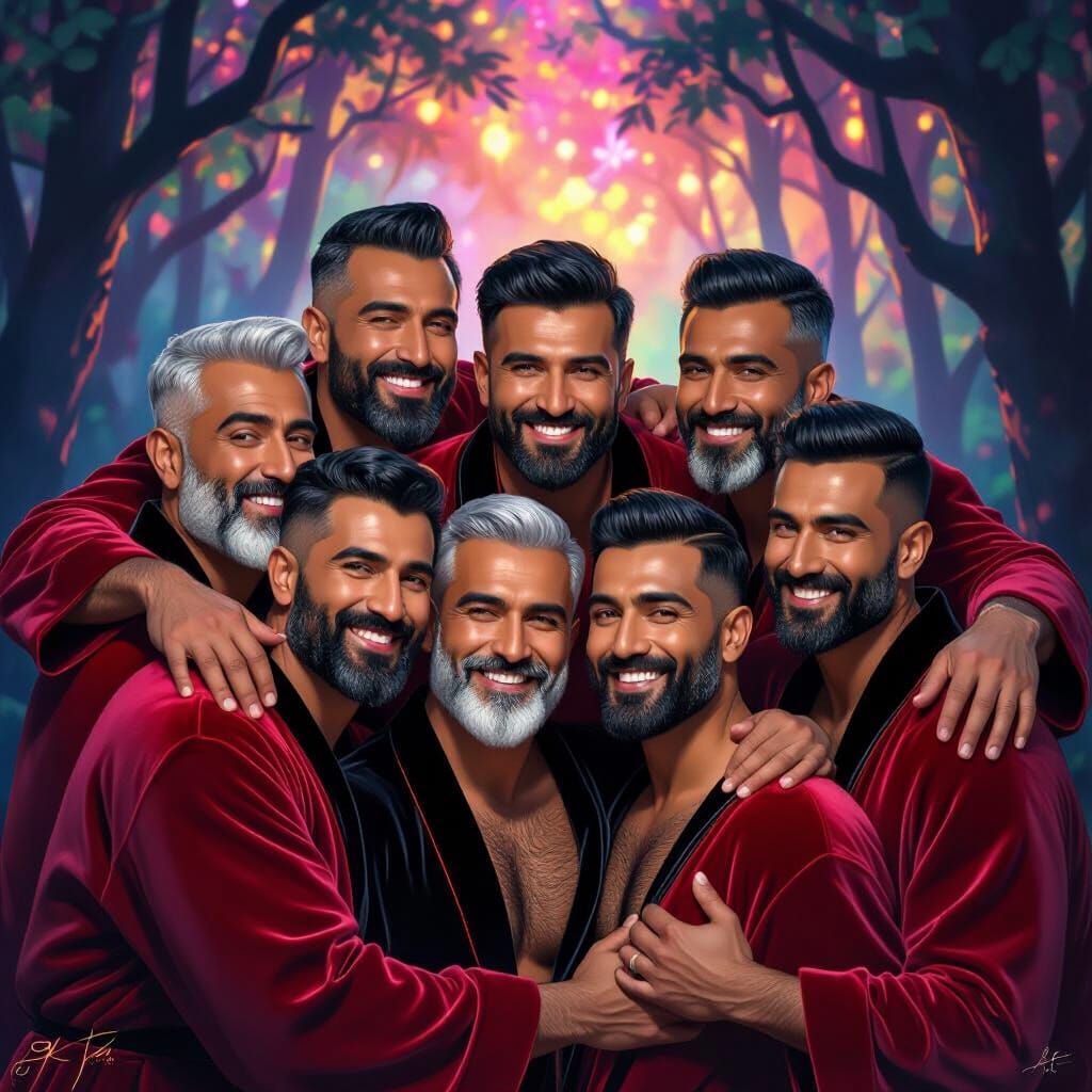 Joyful Men Hugging in Enchanted Forest