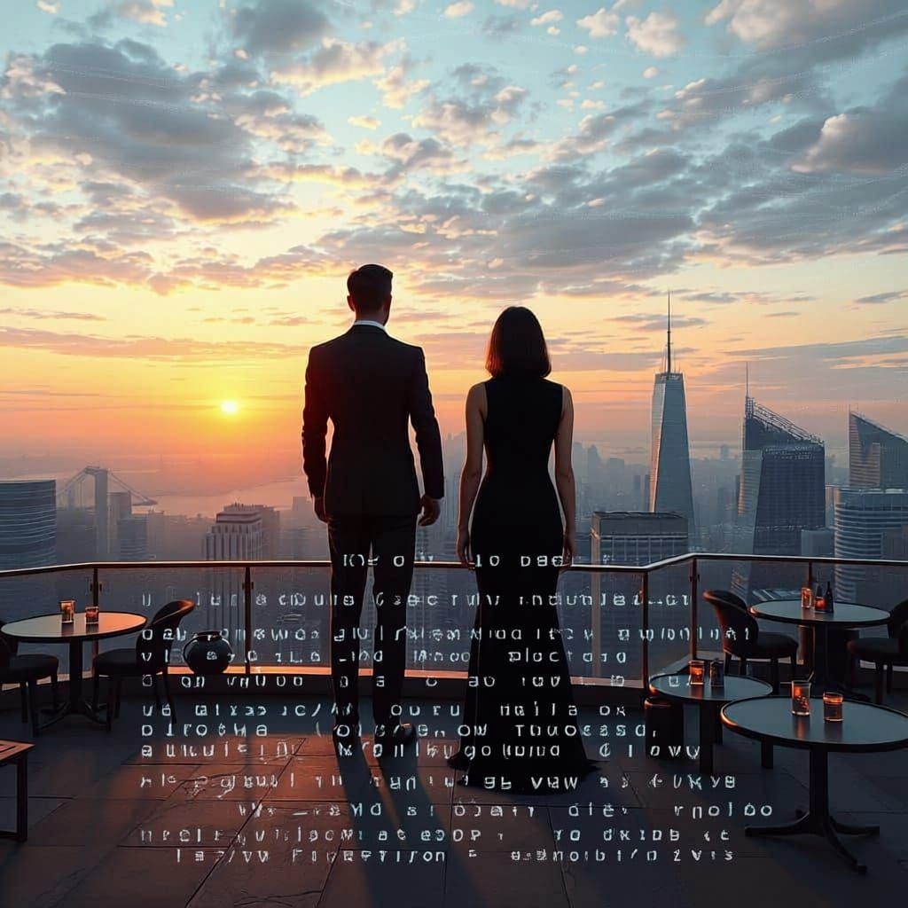 Couple Holds Hands on Skyscraper Rooftop Over Manhattan Sunr...