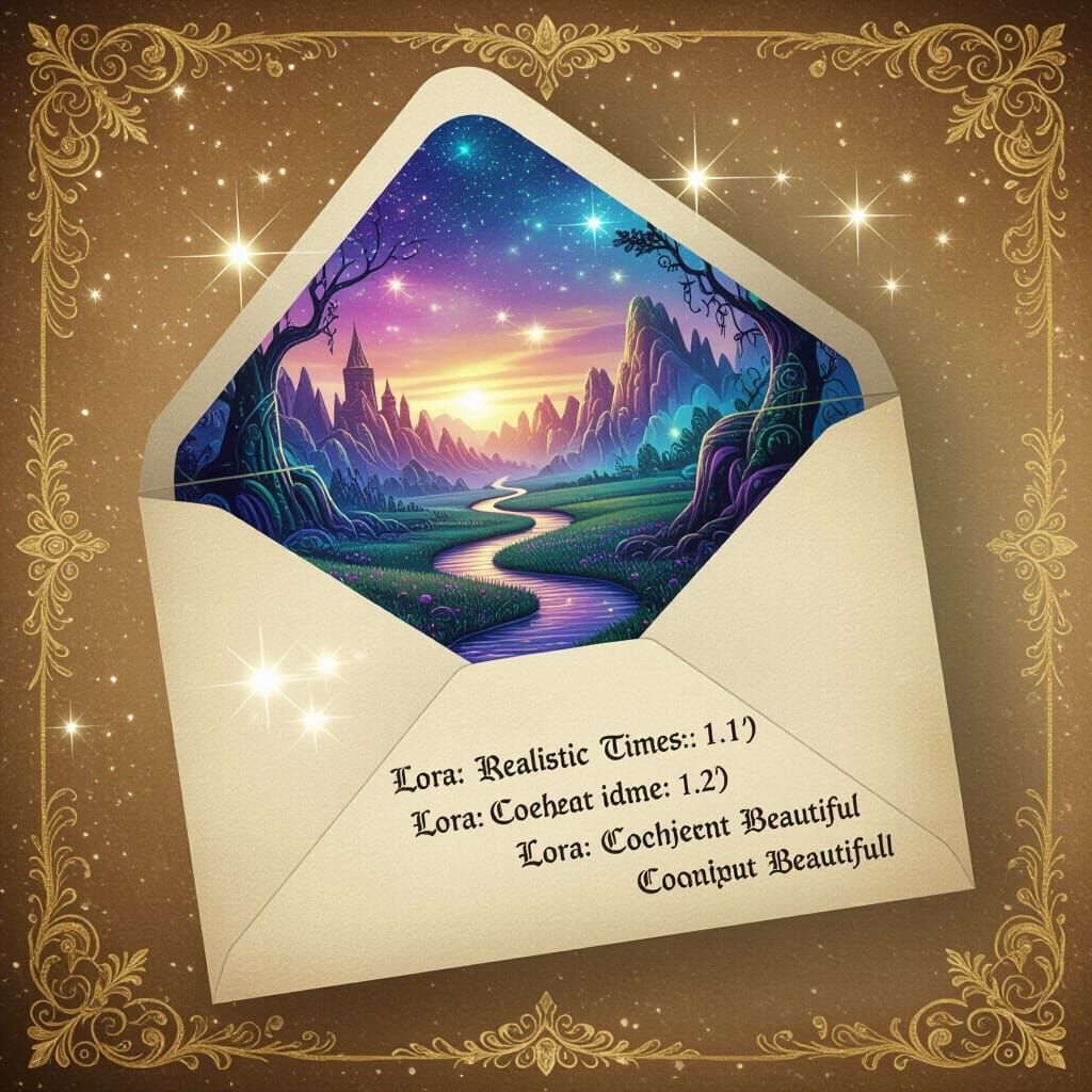 Surreal Opulent Fantasy Landscape Emerging from Old Envelope