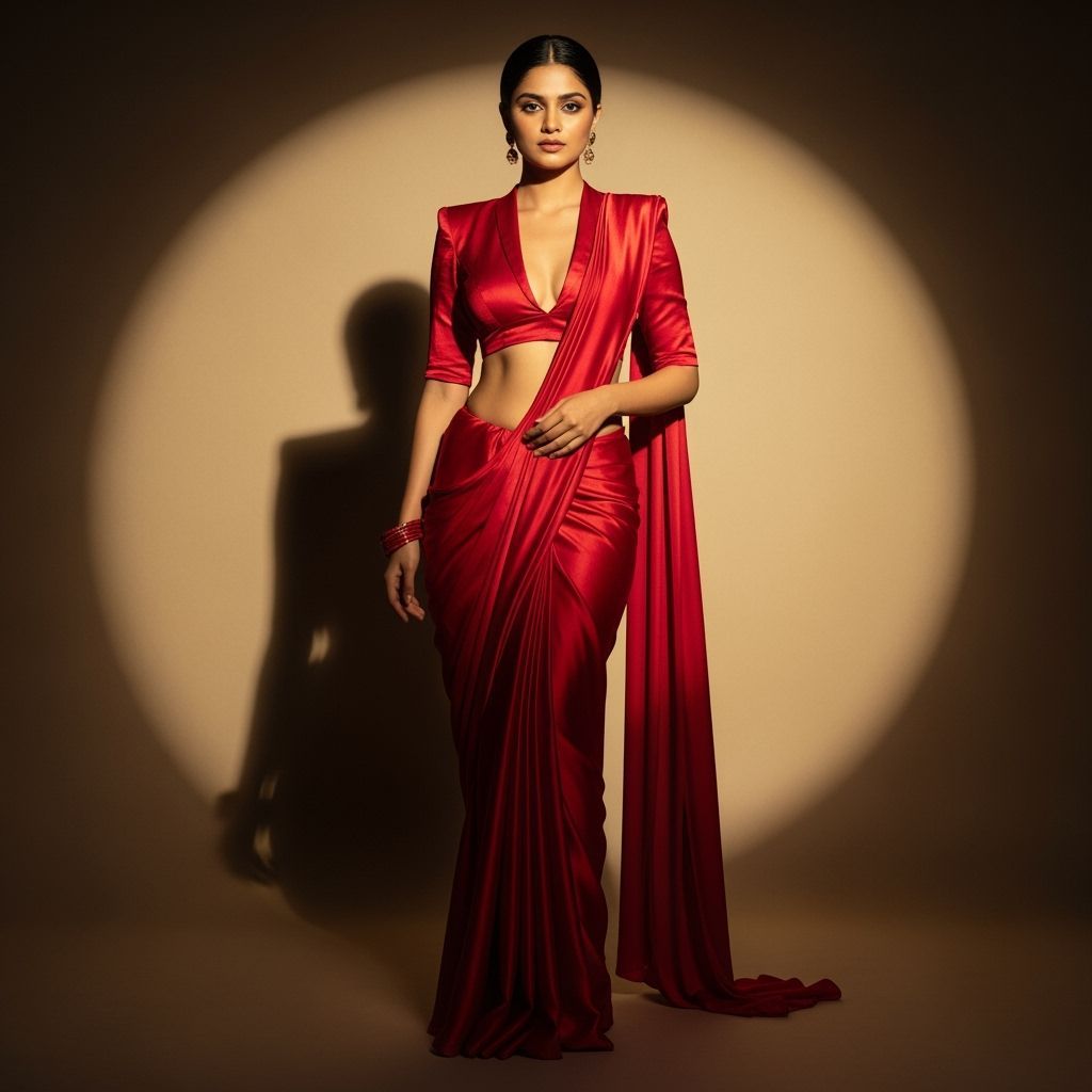 Woman in Red Satin Saree, Voluptuous Figure