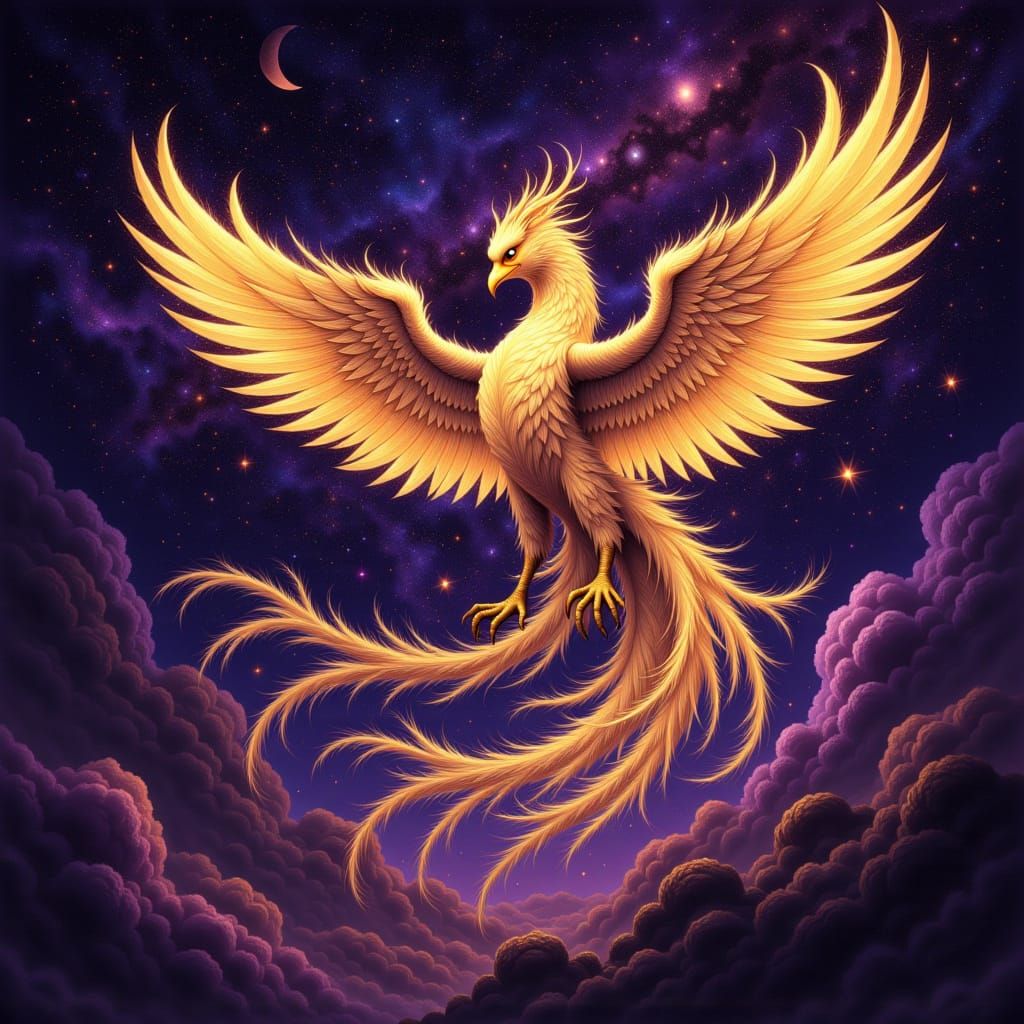 Majestic Phoenix Rises From Cosmic Nebula in Art Nouveau Sty...