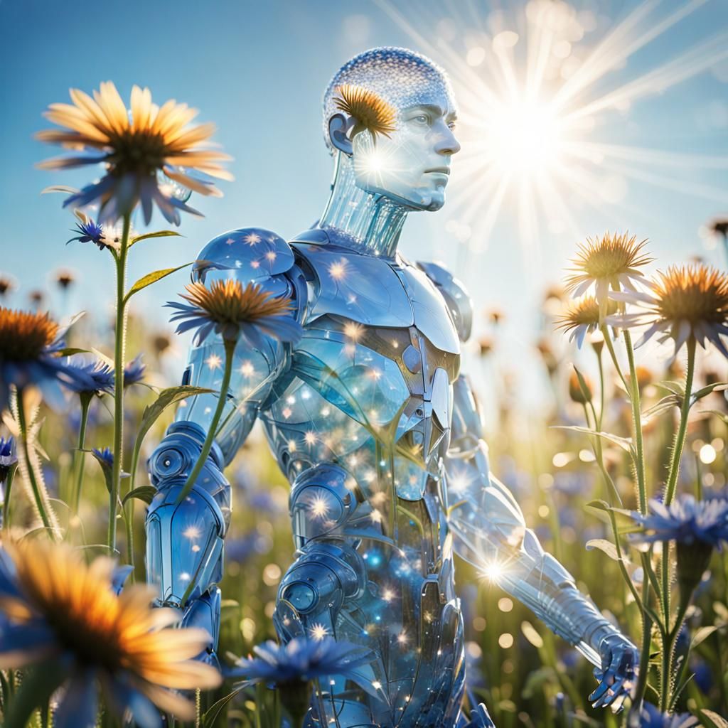 Crystalline Humanoid Among Blue Cornflowers