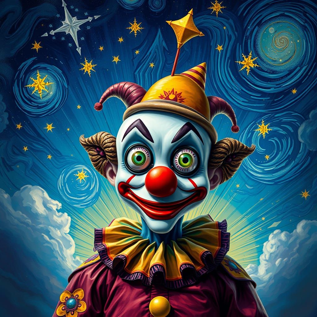 Clown Under Starry Night Sky as Impasto Painting