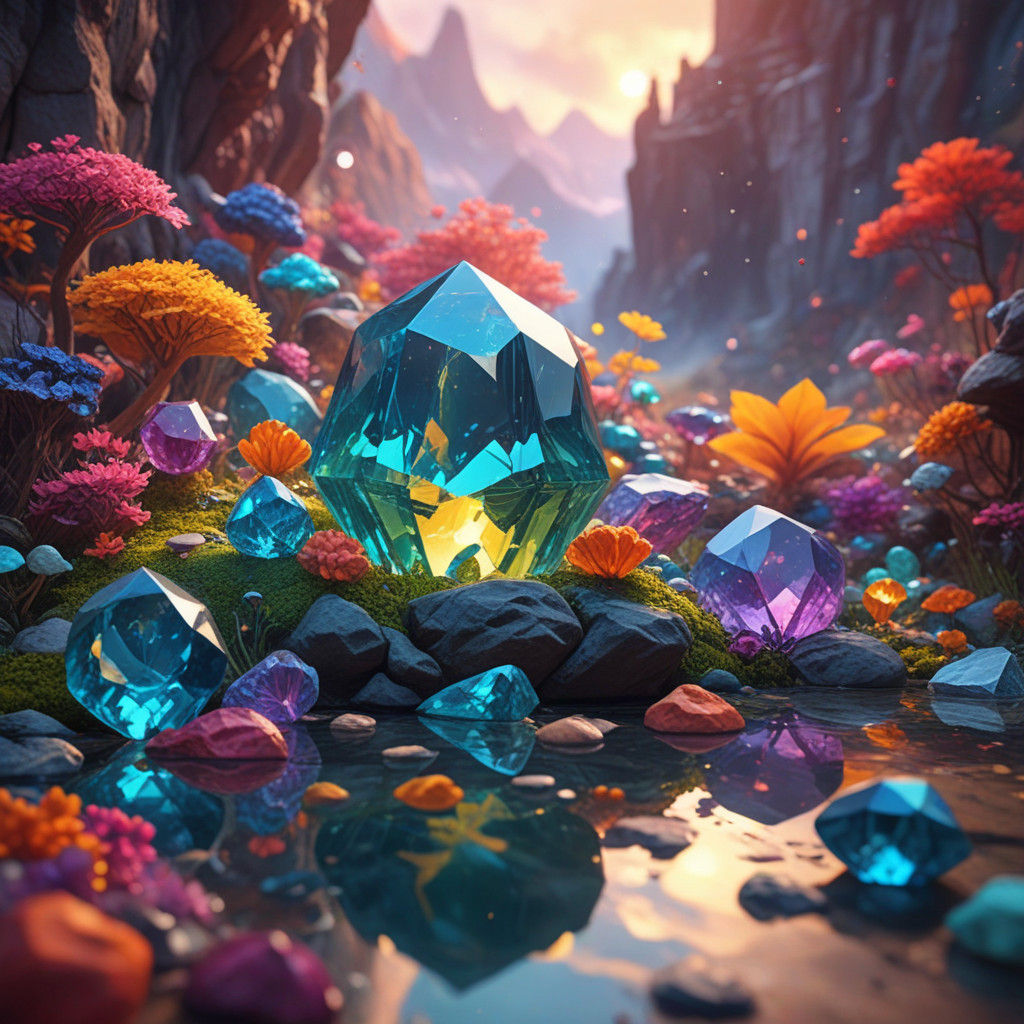 Enchanted Gemstone Landscapes in Whimsical Low-Poly Art