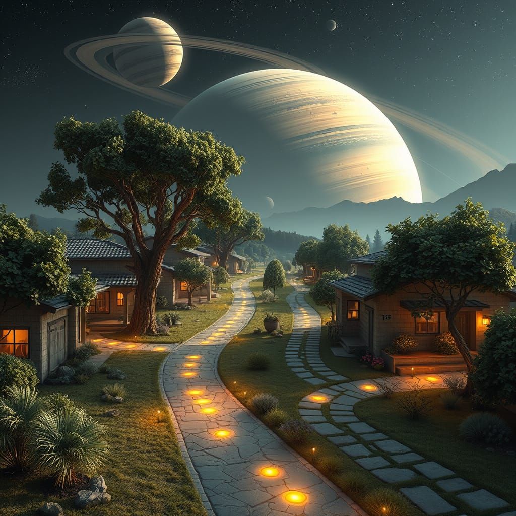 Surreal Futuristic Neighborhood on Saturn with Glowing Pathw...