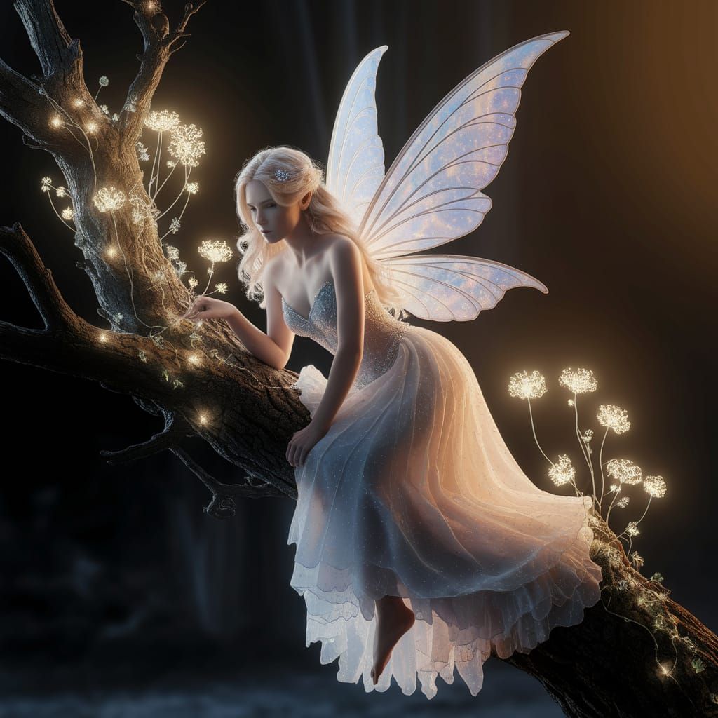 Winter Fairy on Gnarled Branch with Bioluminescent Flowers