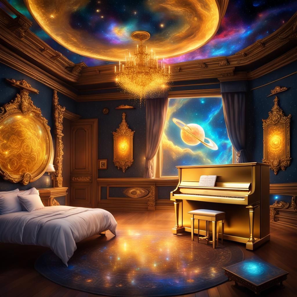 Apollo's Luxurious Bedroom with Golden Nebulas, Astral Illus...