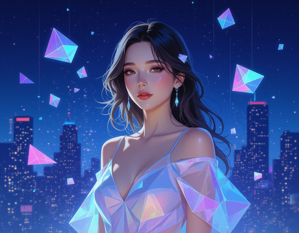 Semi-transparent figure dissolving into shimmering holograph...