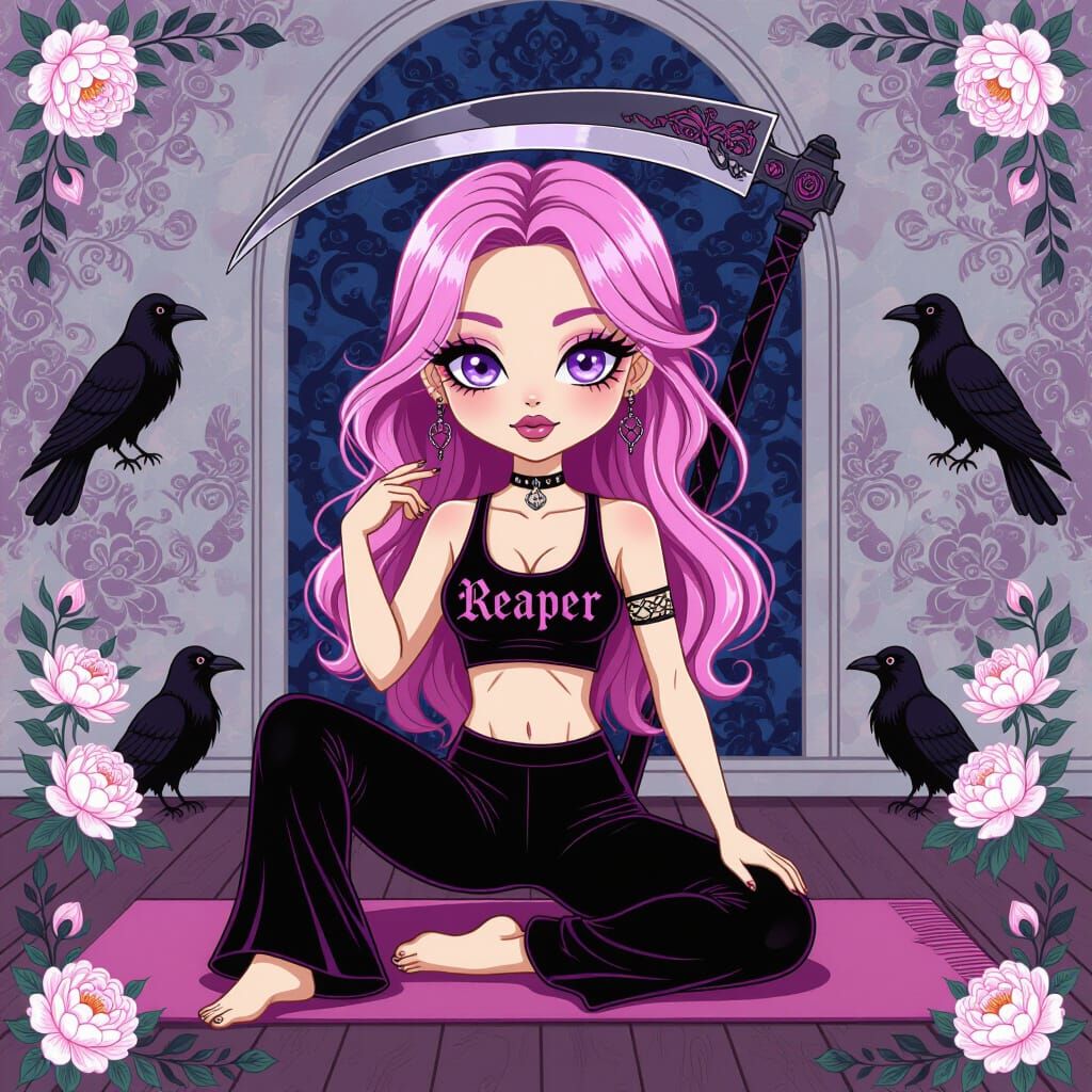 Chibi Reaper Woman in Gothic Yoga Studio