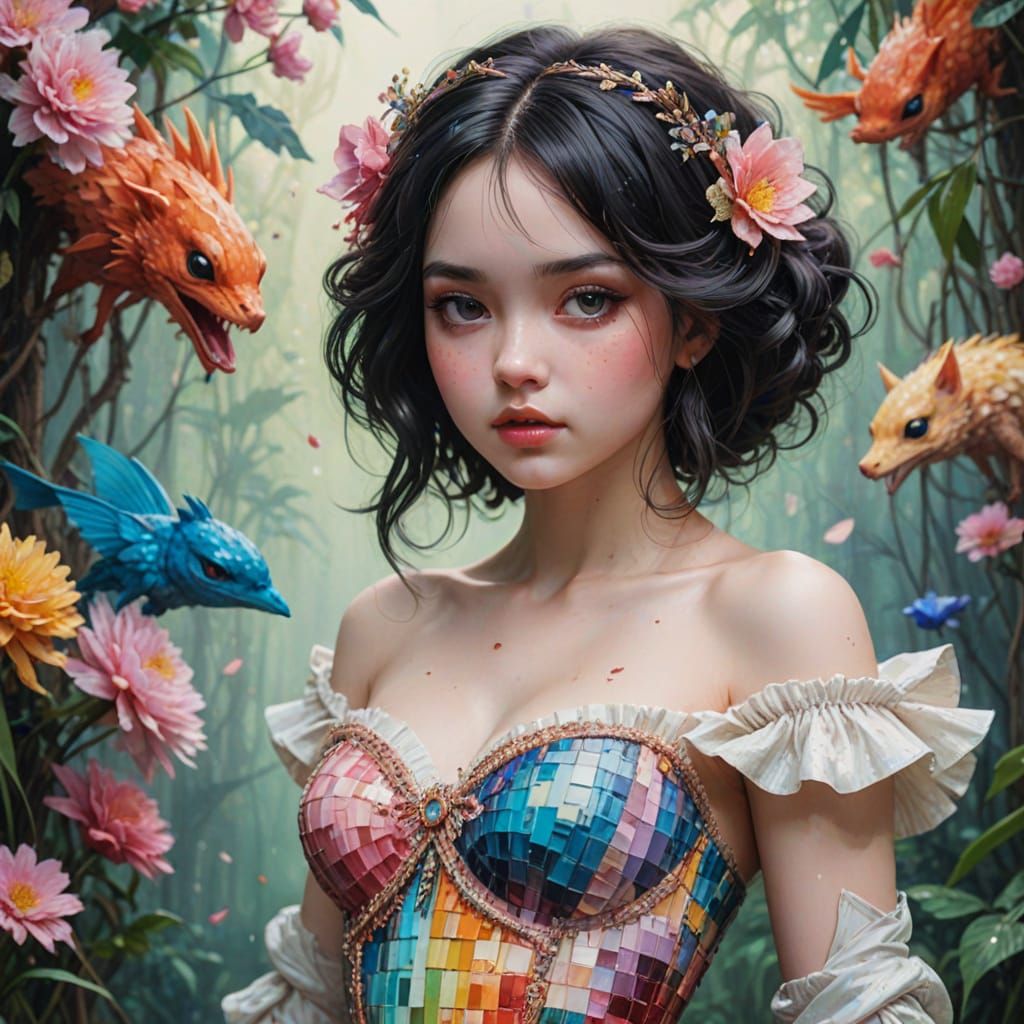 Woman in Pixelated Watercolour Ballgown Against 8-bit Backgr...