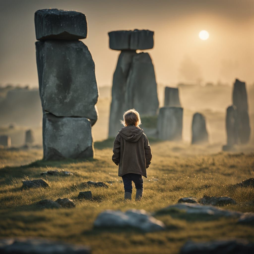Stonehenge Specter: Medieval Child in Misty Dawn