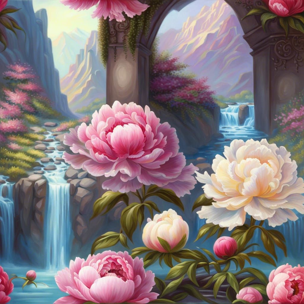 Crystal Peonies and Mountain Landscape Oil Painting