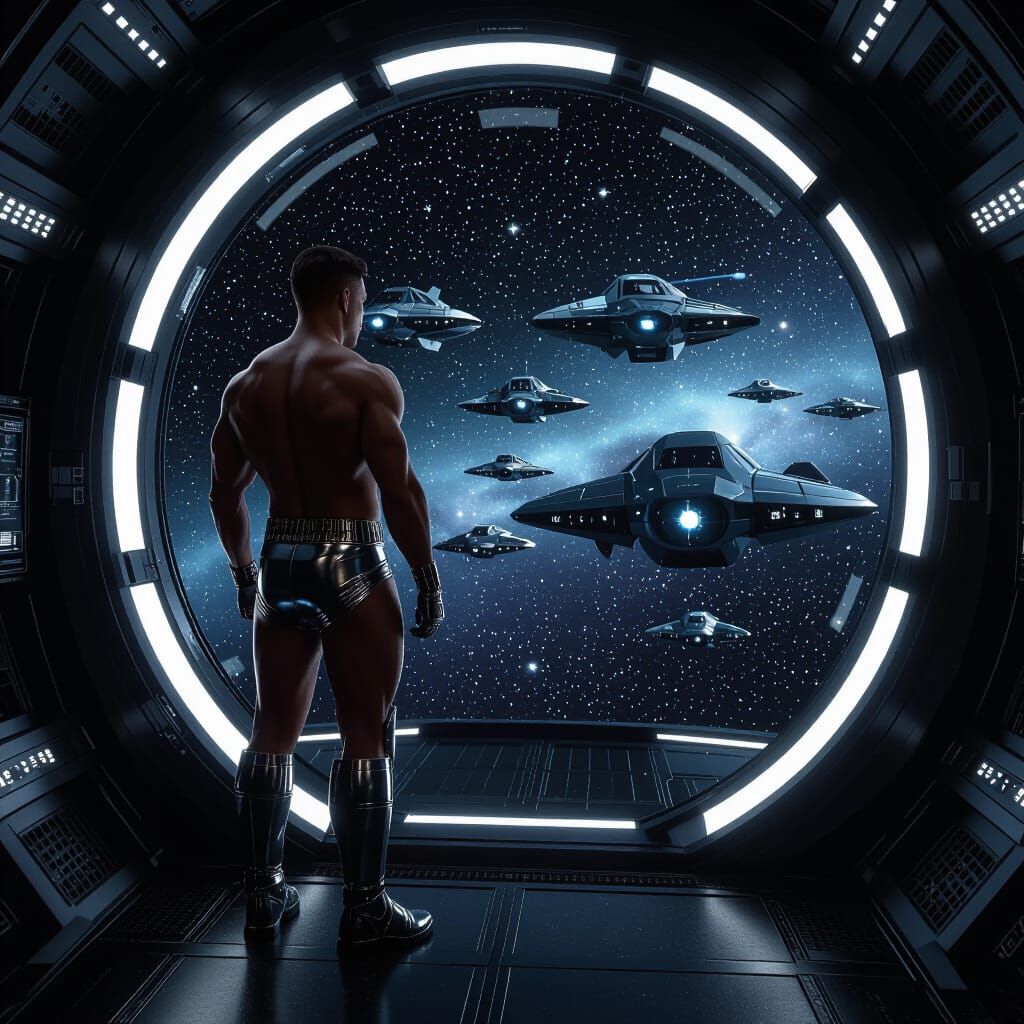 Hyper-Realistic Spaceship Interior with Muscular Guard