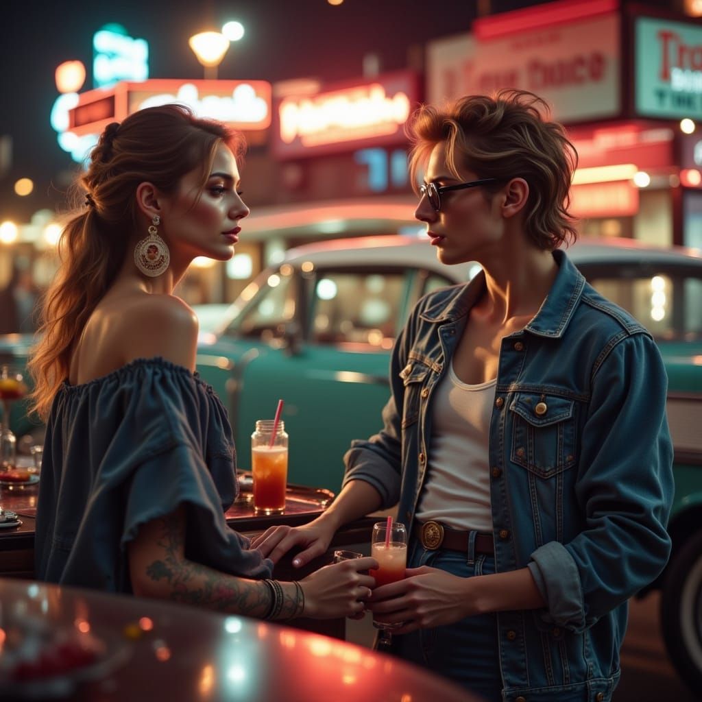 1960s Drive-In Restaurant Scene at Night
