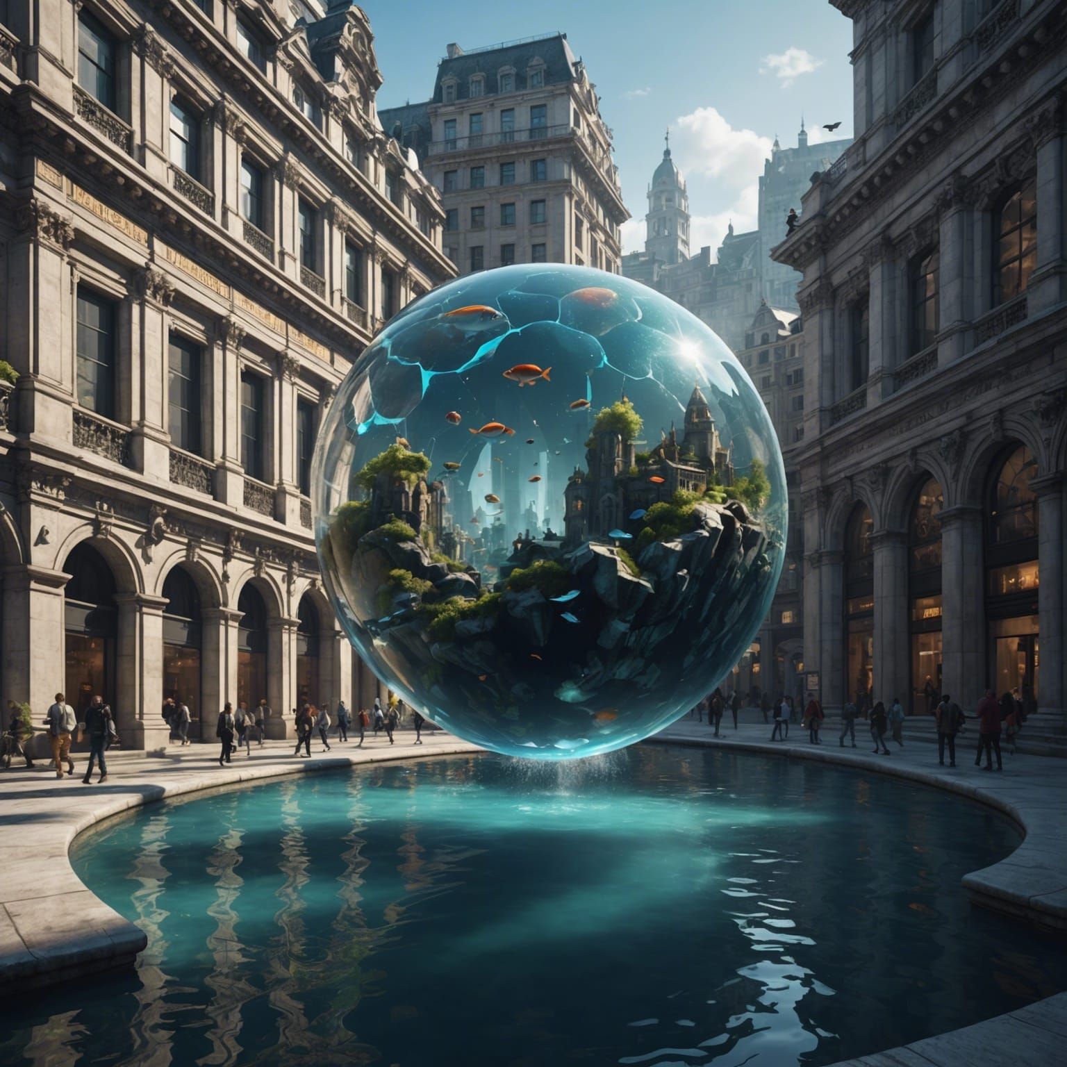 Giant Spherical Aquarium Over City Square: Fantasy Concept A...