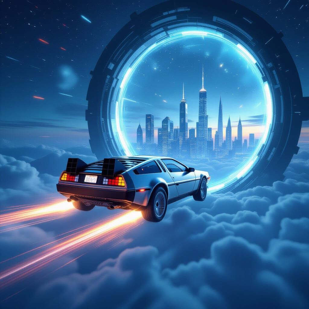 Delorean DMC-12 Flying Through Portal to Future City