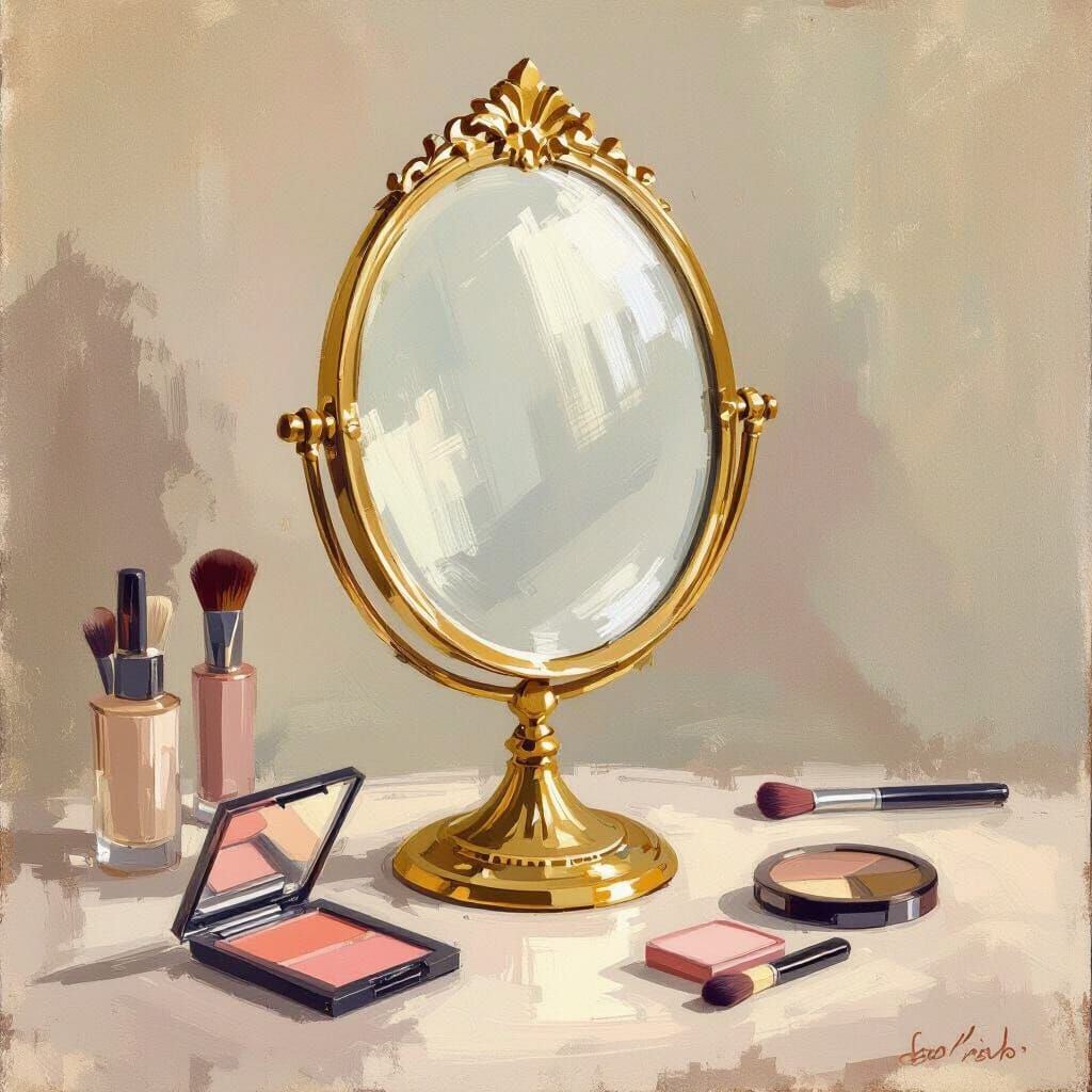 Ornate Vintage Makeup Mirror Reflection in Painterly Style