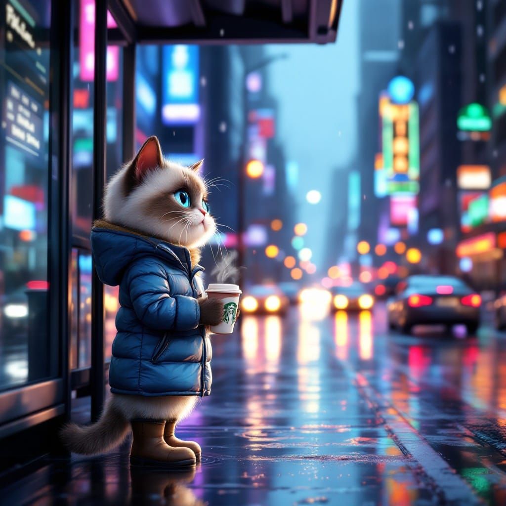 Cute Siamese Cat Waits for Bus in Rainy City