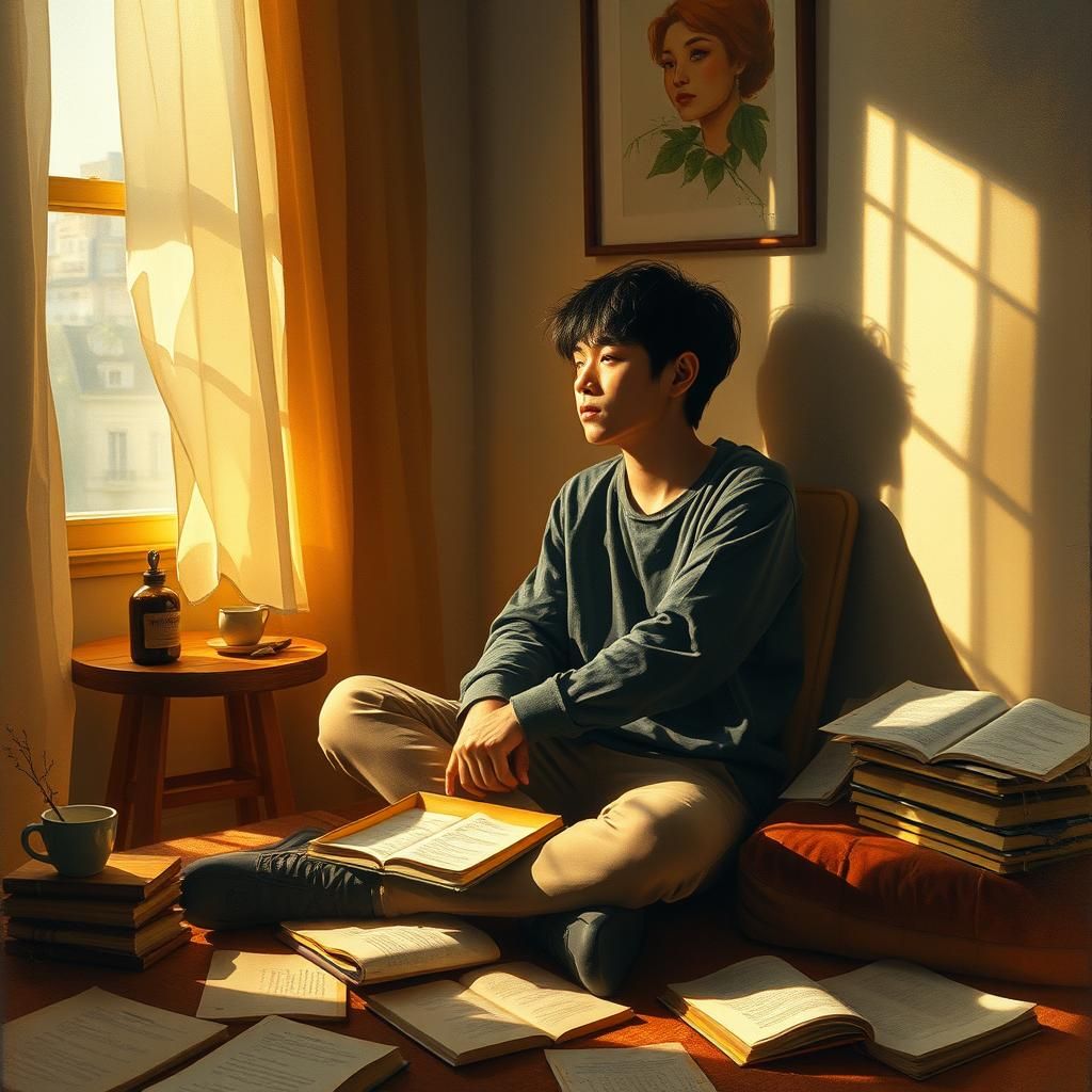 Introspective Young Adult in Cozy Room, Digital Art