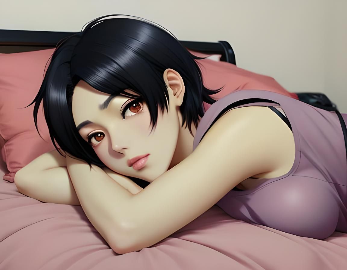 Dizzy Girl with Short Black Hair, in Anime Style