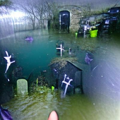 Eerie Underwater Graveyard: Submerged Cemetery Scene