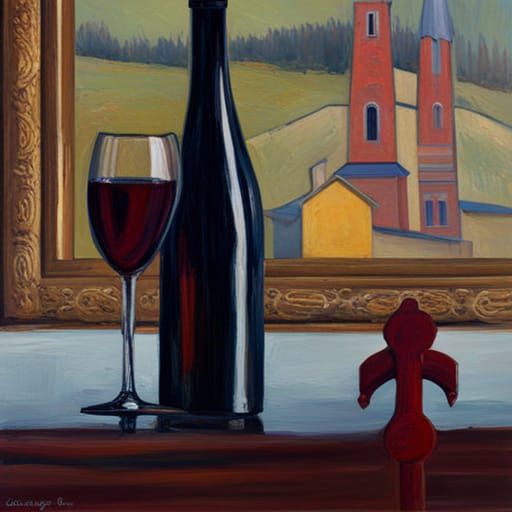 Wine, Clock, Cat, and Church as Oil Painting