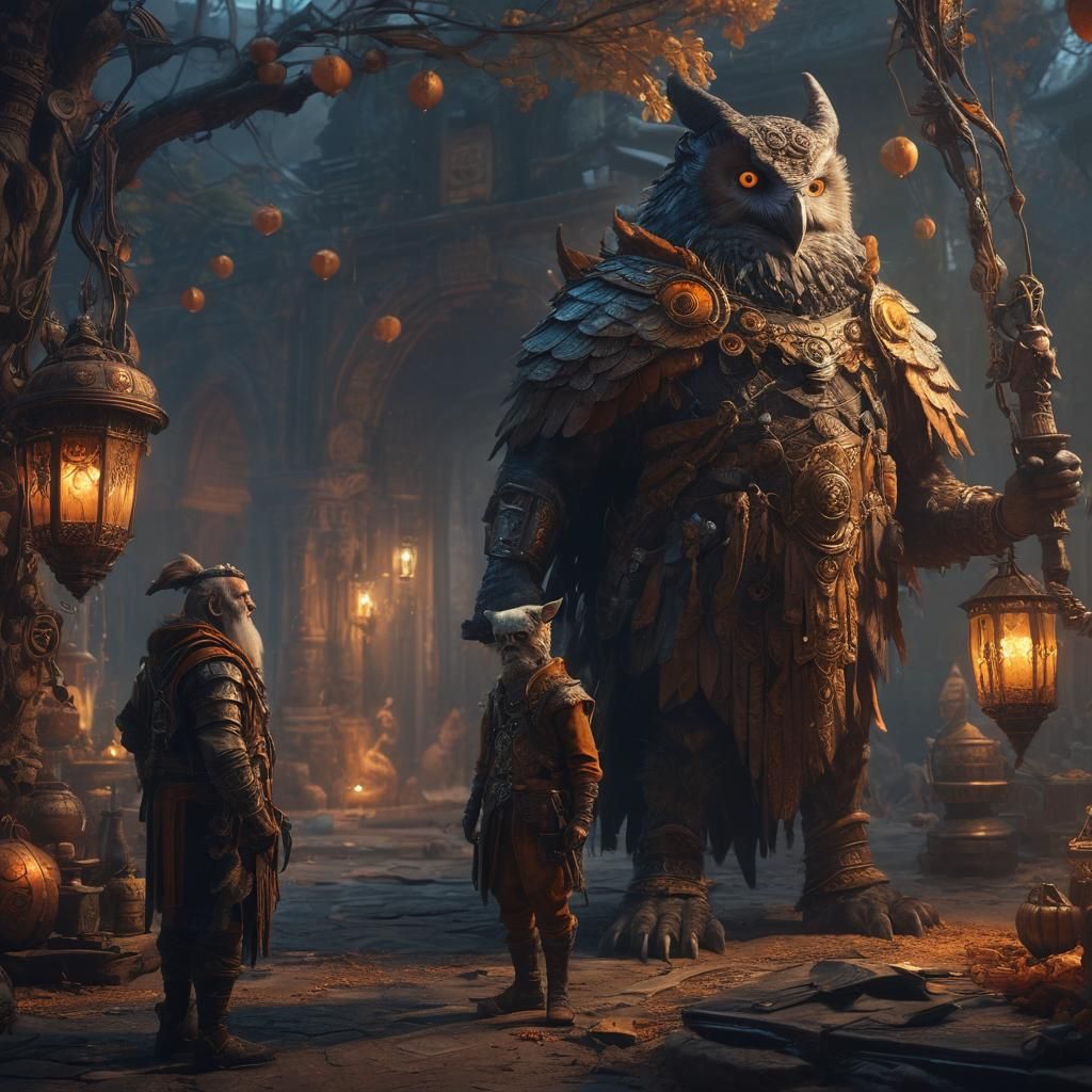 Fantasy Marketplace with Horned Humanoids and Exotic Goods