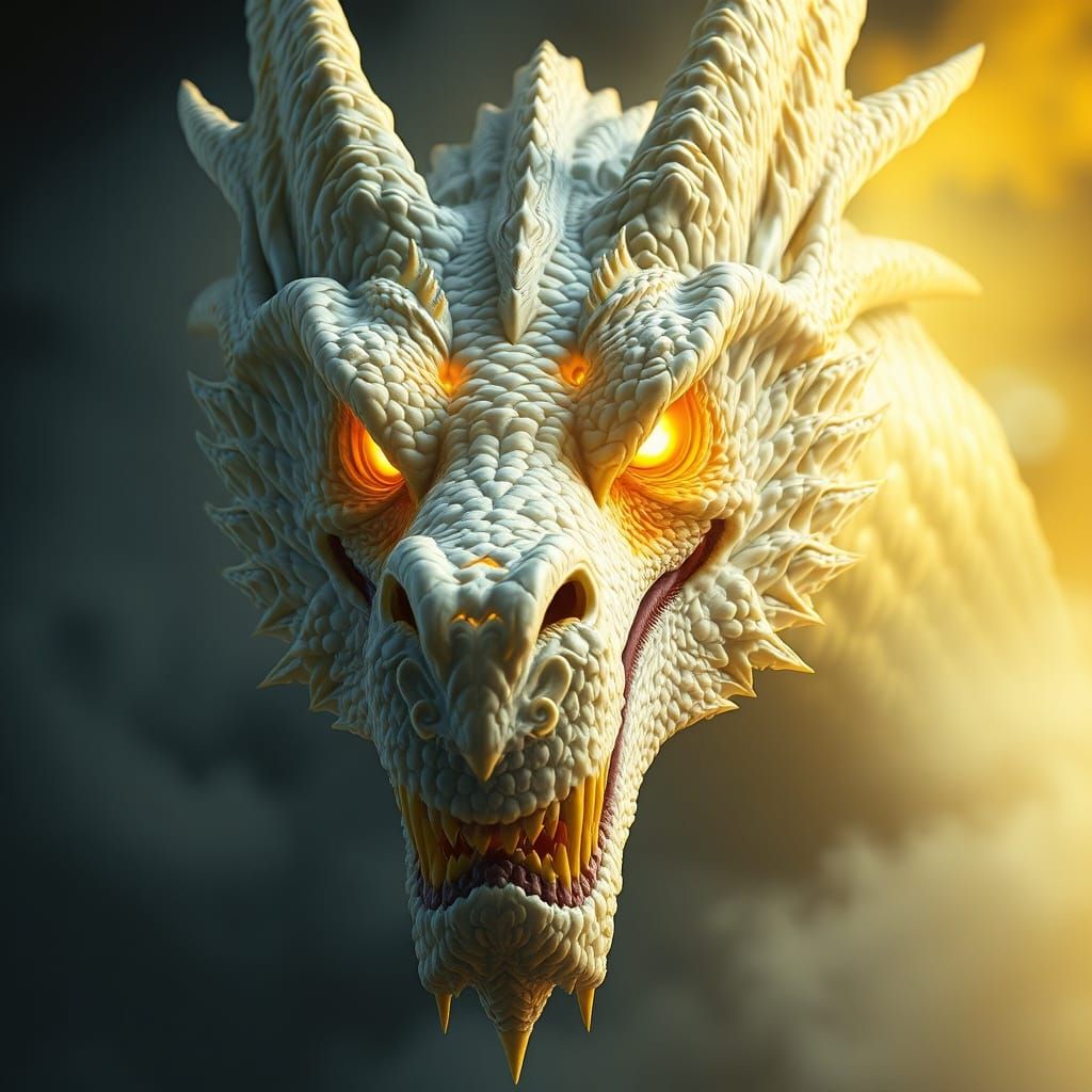 Majestic White Dragon Head with Glowing Yellow Eyes