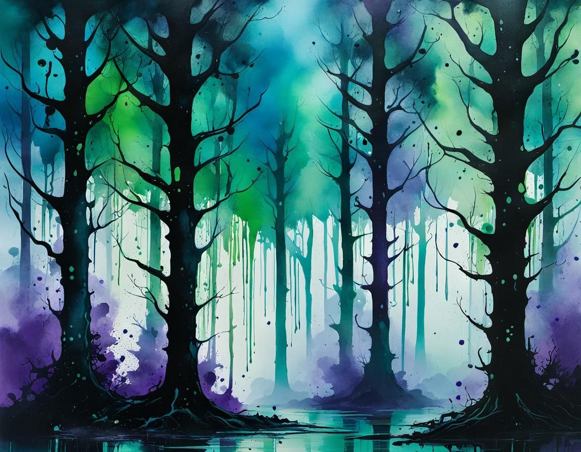 Mystical Forest Ink Splatter Abstract Expressionism