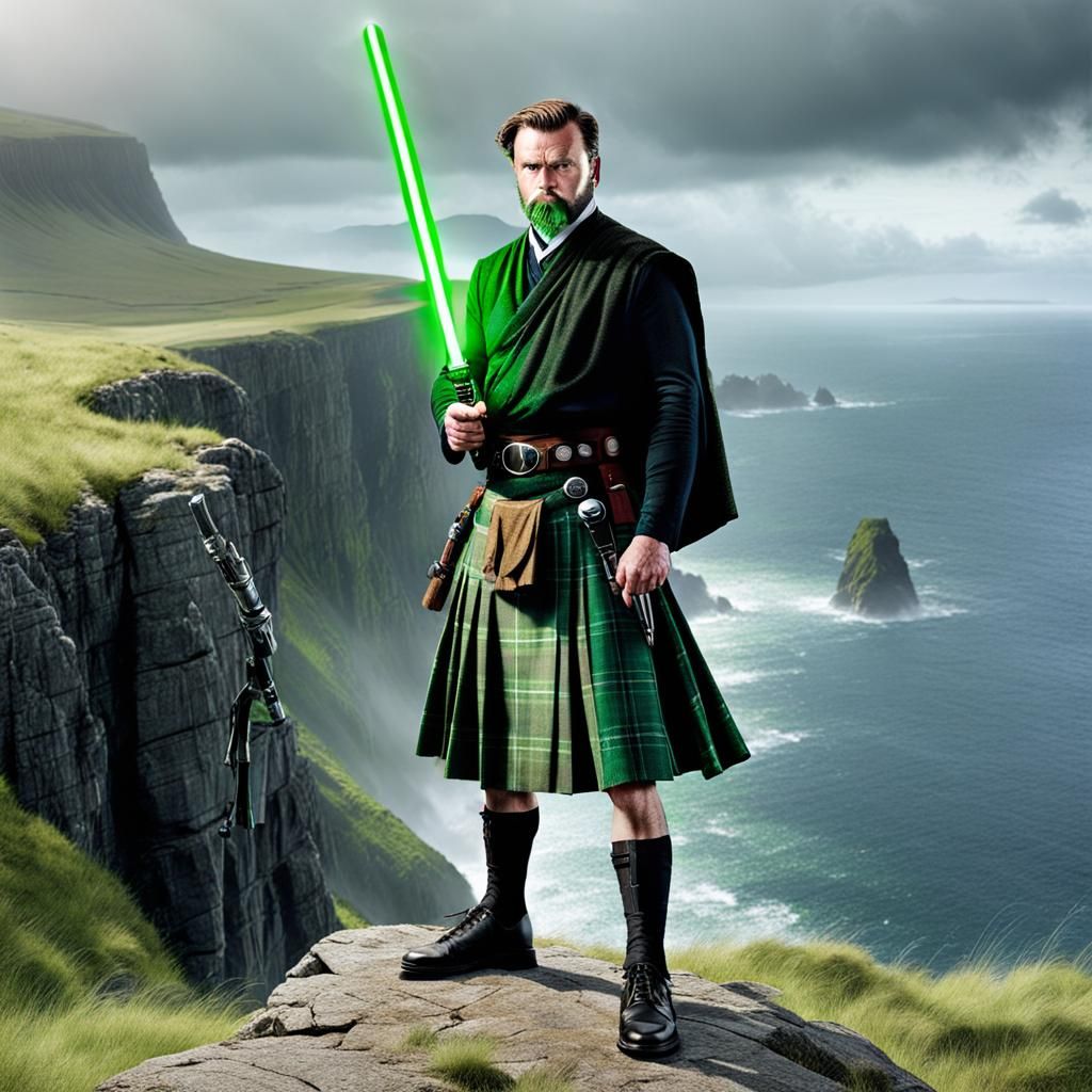Jedi Warrior in Scottish Kilt on Cliffside