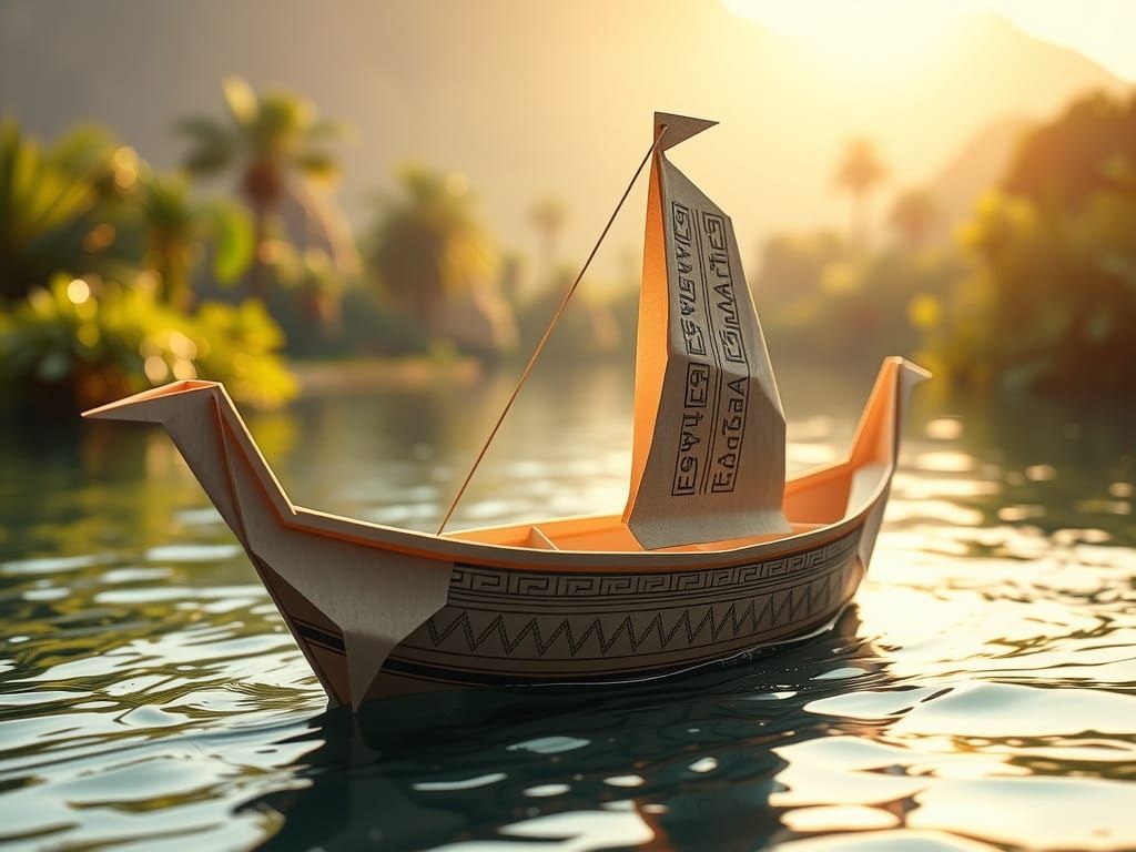 Egyptian Origami Boat on Nile in Photorealistic Style