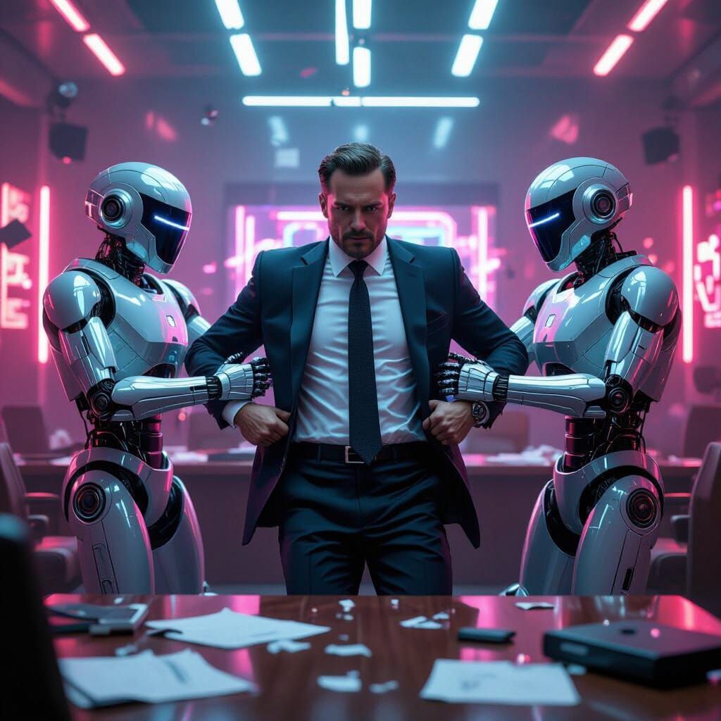 Satirical Sci-Fi Courtroom Scene with Futuristic Robots