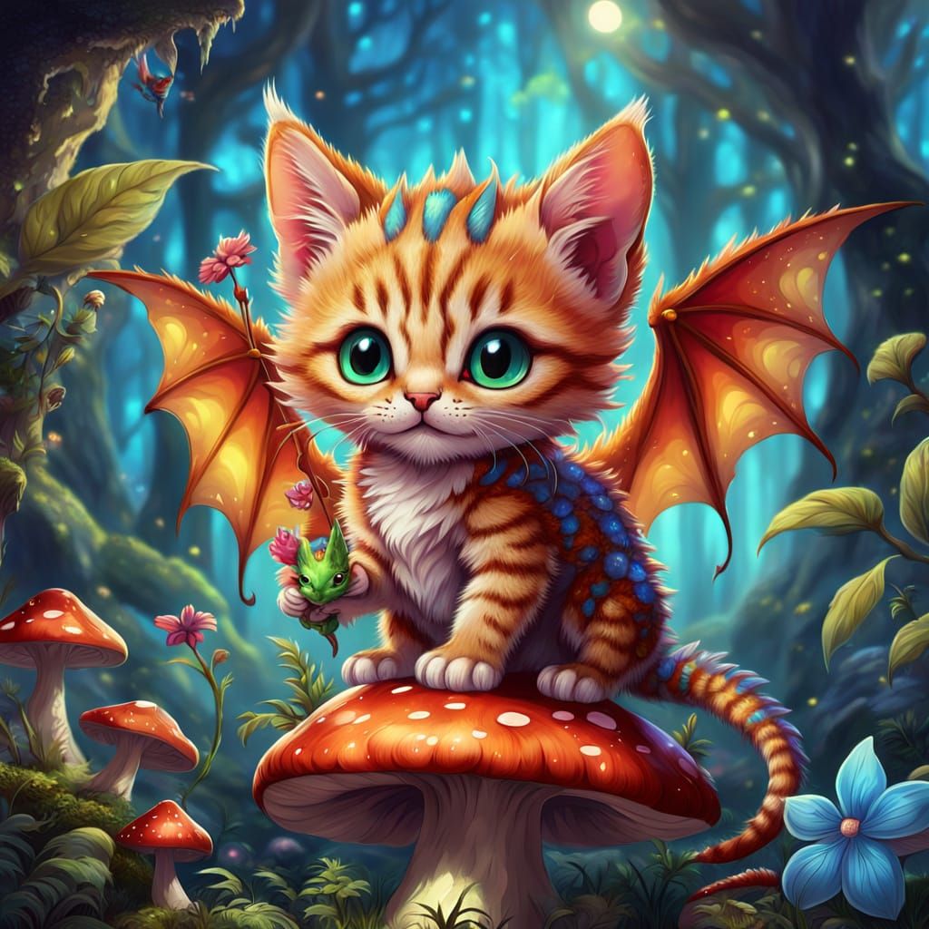 Whimsical Dragon Kitten in Enchanted Forest