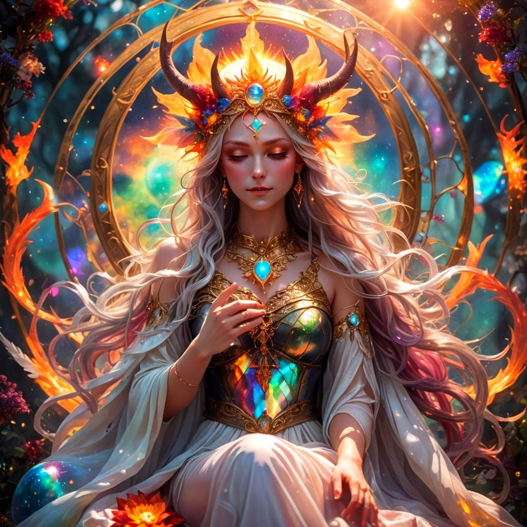 Celestial Goddess on Opal Throne in Digital Art
