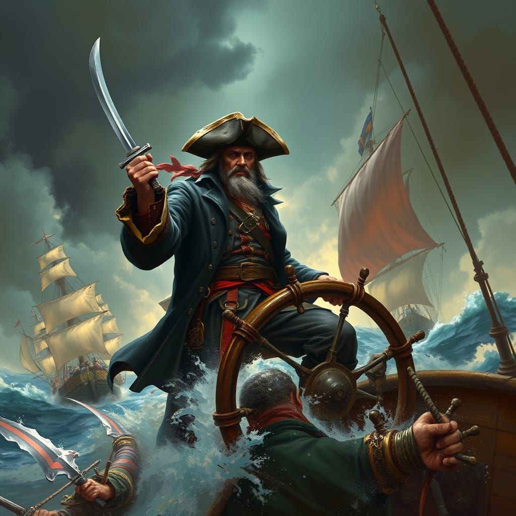 Pirate Captain Navigating Treacherous Waters