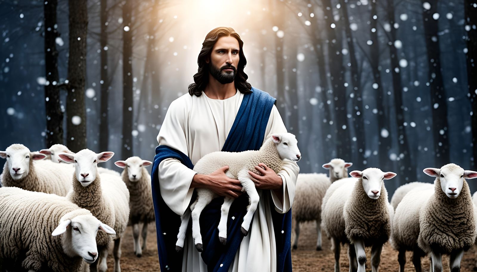 Christmas Scene: Jesus Holding Lamb in Winter Woods