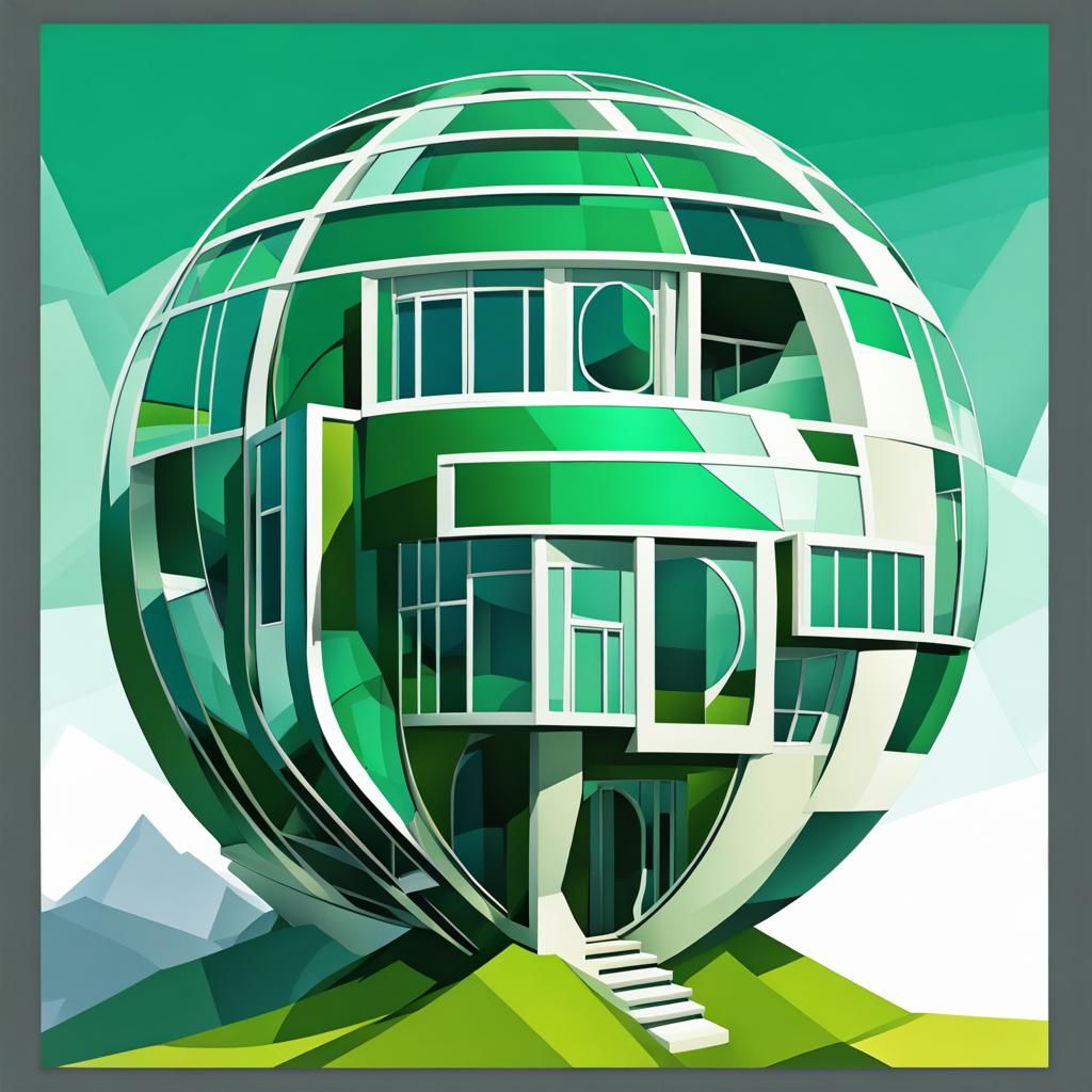 Abstract Glass House on Mountain in Cubist Style