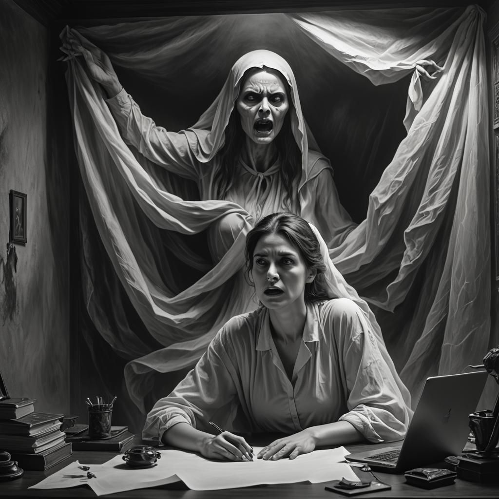Ghostly Apparition Behind Woman at Desk