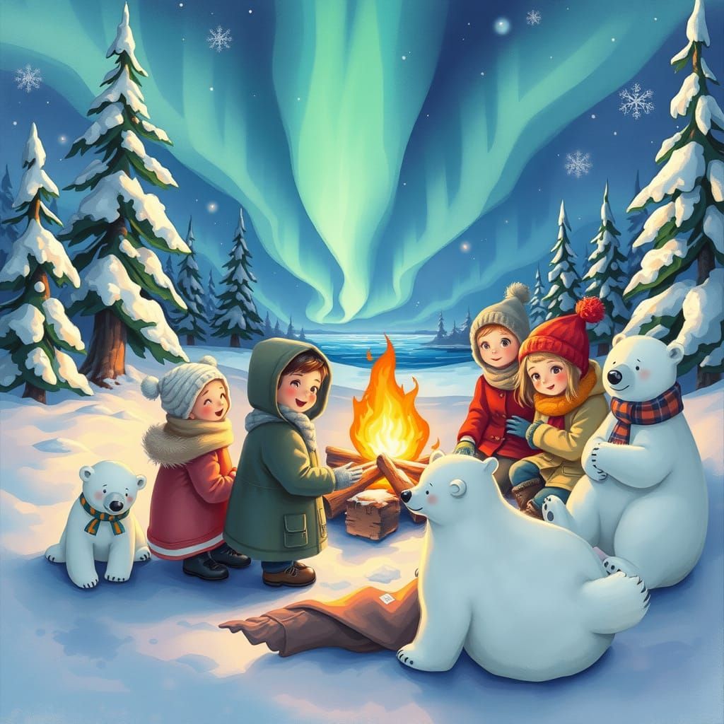 Whimsical Winter Wonderland with Children, Polar Bears, and ...