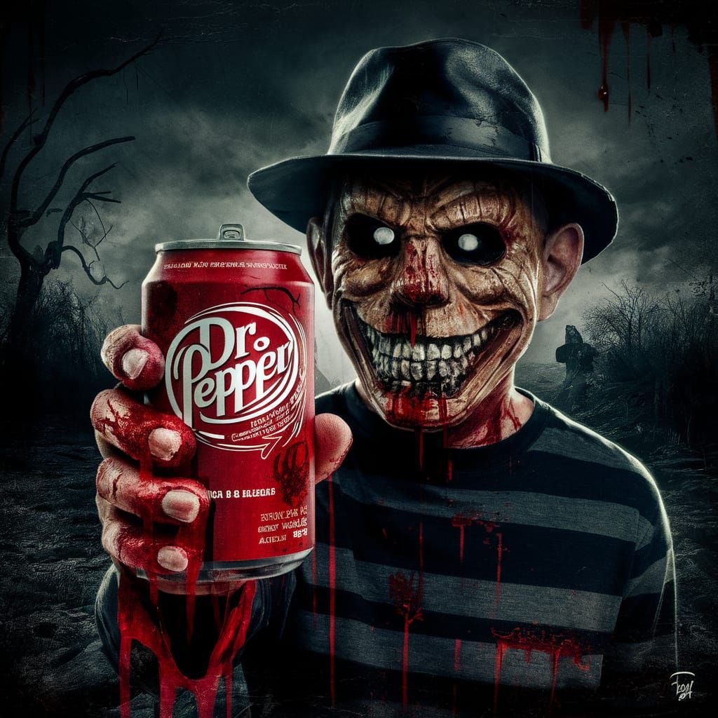 a person wearing a Freddy Kruger mask holding a can of Dr. P...