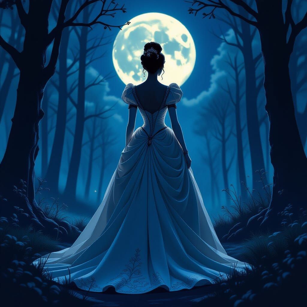 Mystical Queen in Dark Forest, Futuristic Victorian Style