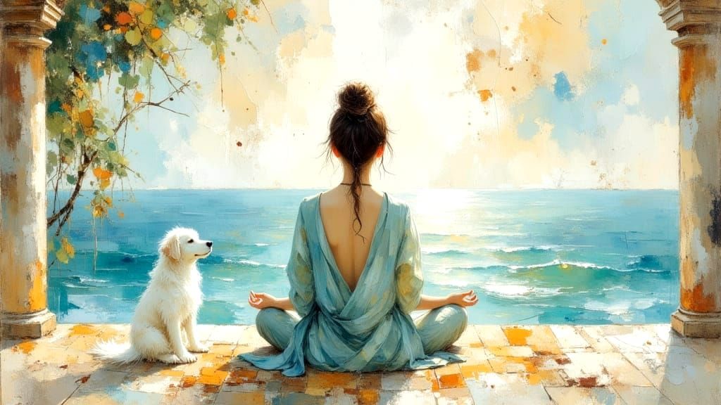 Meditating Woman with Dog in Seaside Pavilion