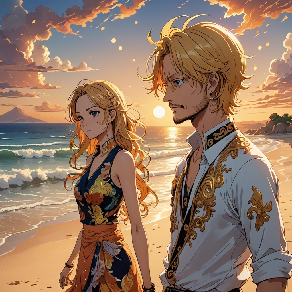 Nami and Sanji on a Sunset Beach, Anime Style