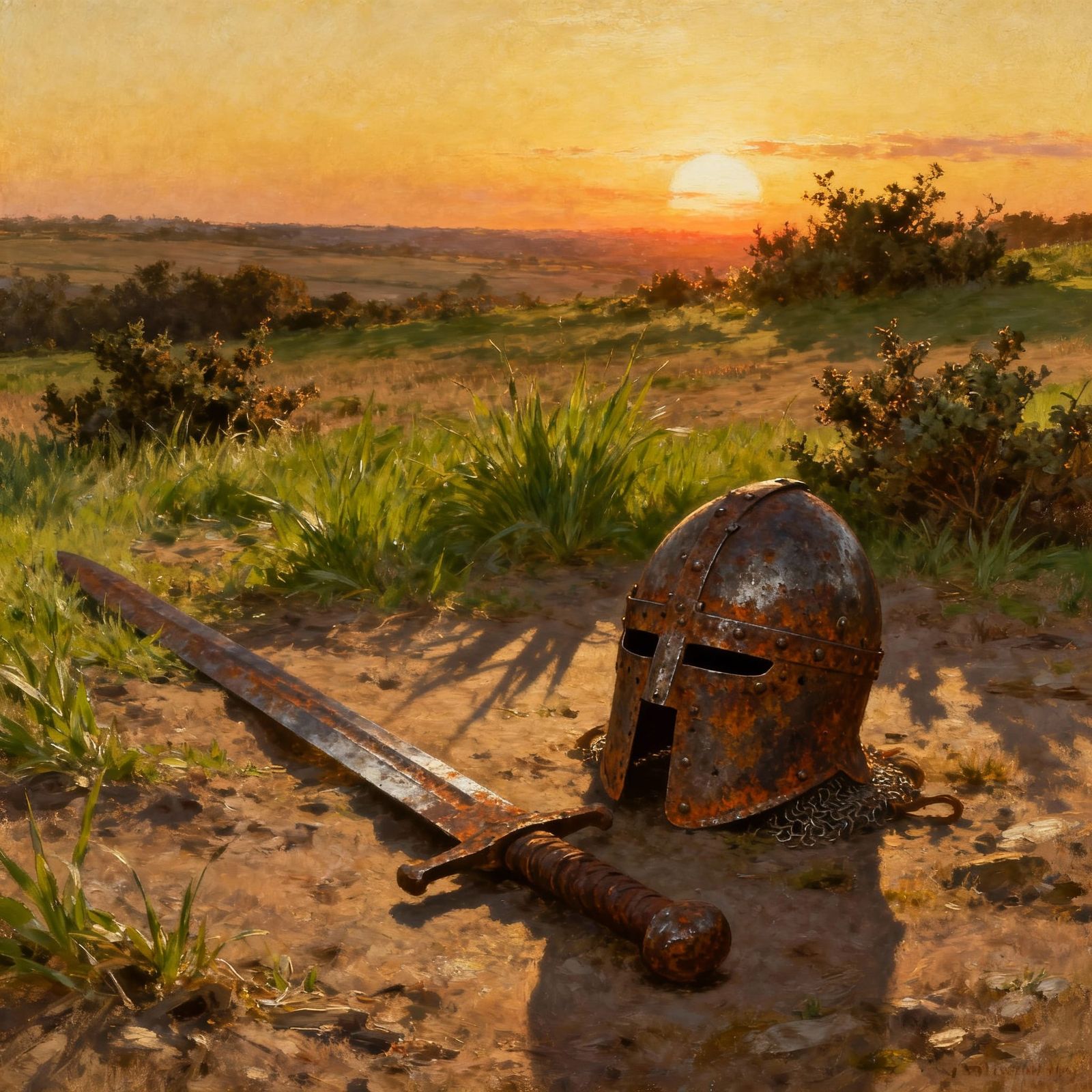 Rusted Anglo-Saxon Helmet & Sword in Golden Hour Field