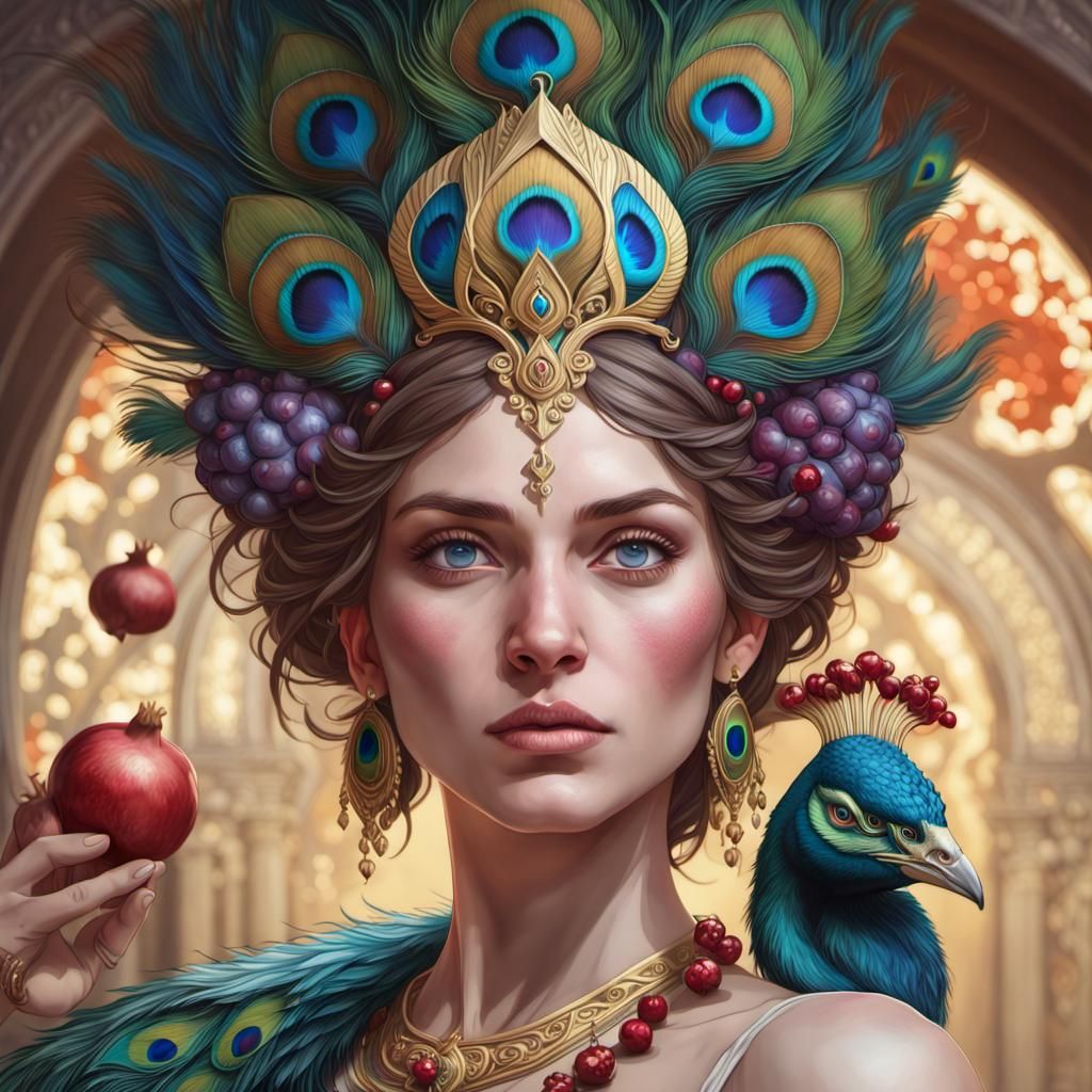 Hera Goddess Portrait with Peacock, Detailed Art