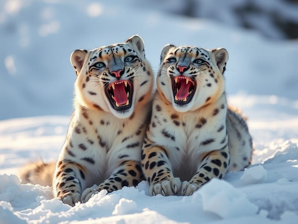 Mother and Daughter Snow Leopard Playful Winter Scene in Whi...