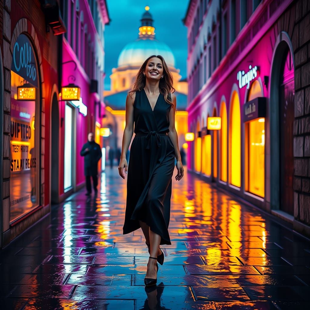 Young Woman in a Vibrant Venice Alleyway, Inspired by Van Go...